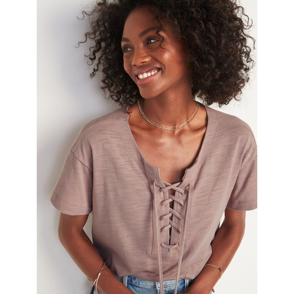Old Navy Loose - Slub Knit Lace- Up Pullover Shortsleeved Womens Top M